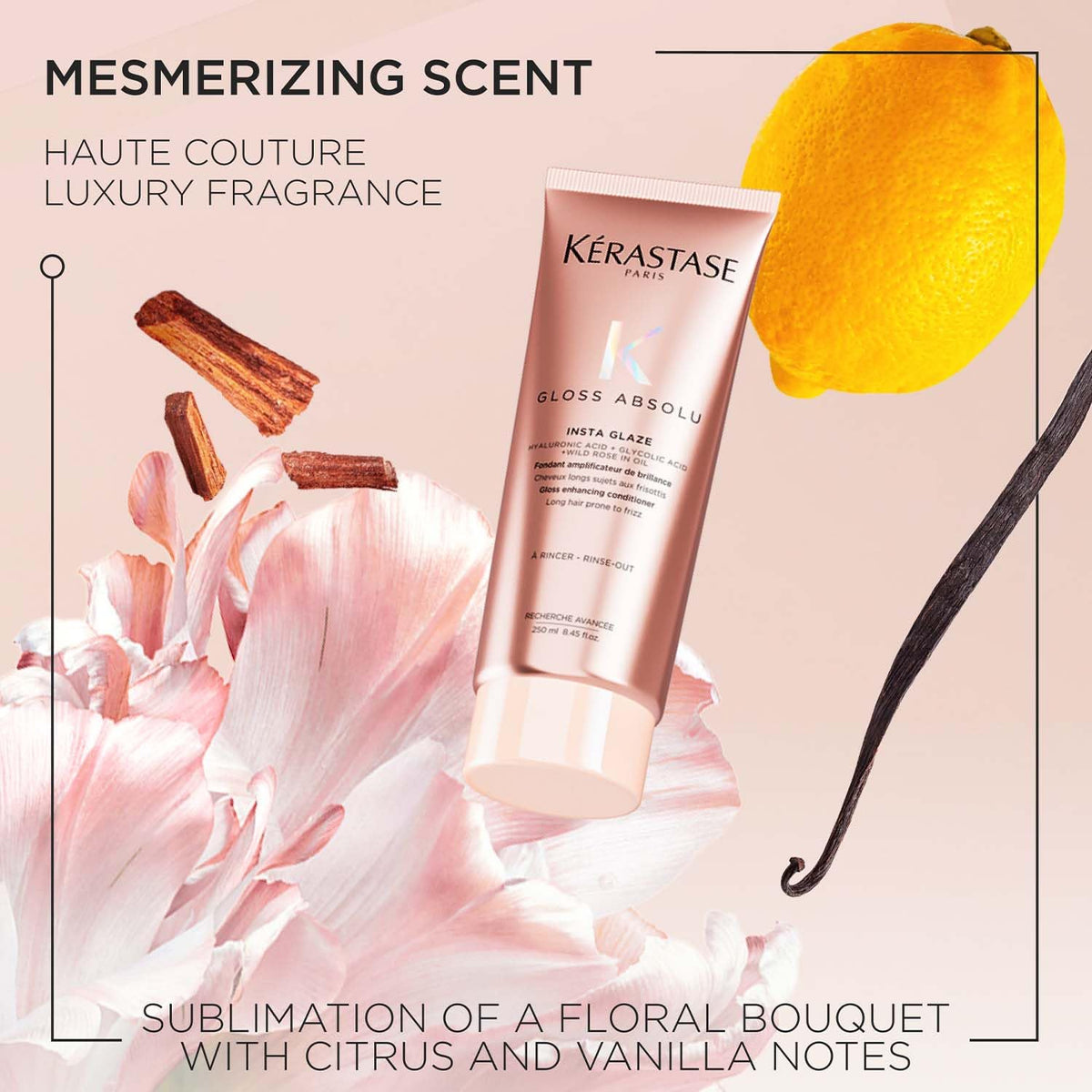 Kérastase hair product with floral and vanilla elements on a pink background