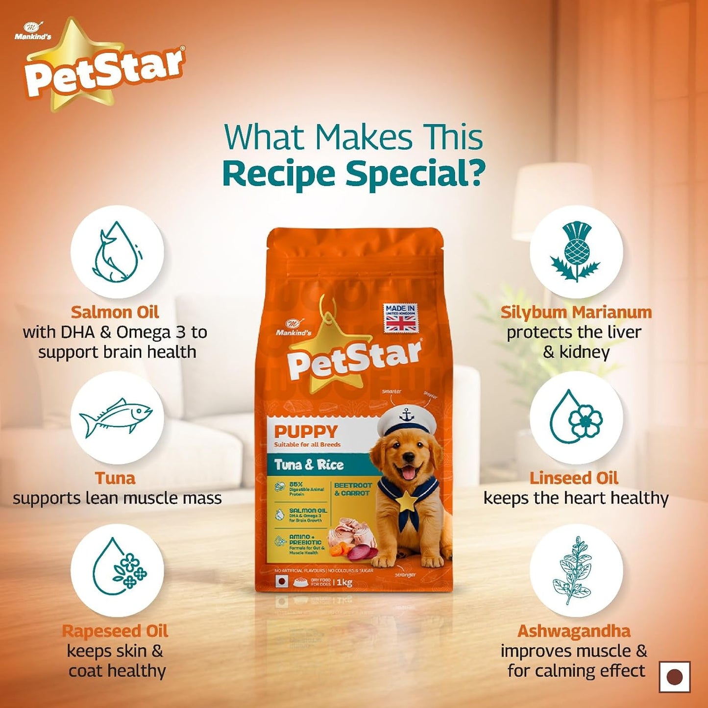 Petstar Puppy Dry Dog Food 1 kg, Tuna & Rice Formula, High Protein, Easy Digestion, Immunity Support, No Artificial Flavours or Added Sugar