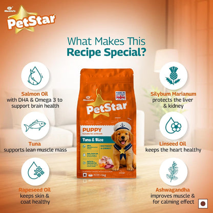 Petstar Puppy Dry Dog Food 1 kg, Tuna & Rice Formula, High Protein, Easy Digestion, Immunity Support, No Artificial Flavours or Added Sugar