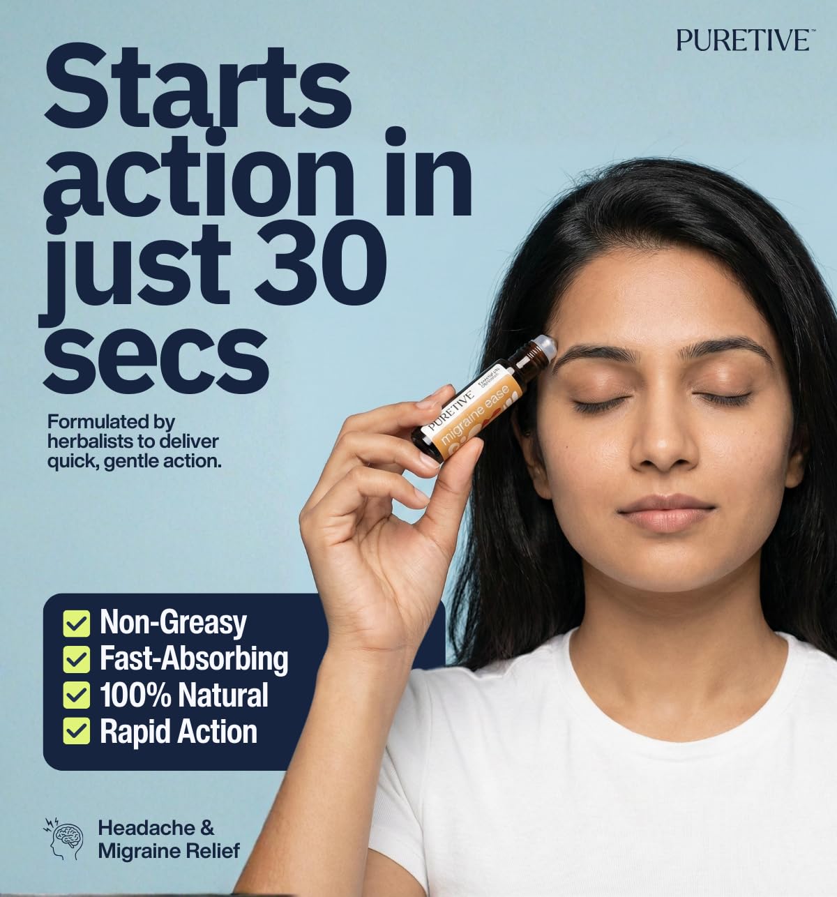 Woman applying a product to her forehead with text about its quick action and benefits.