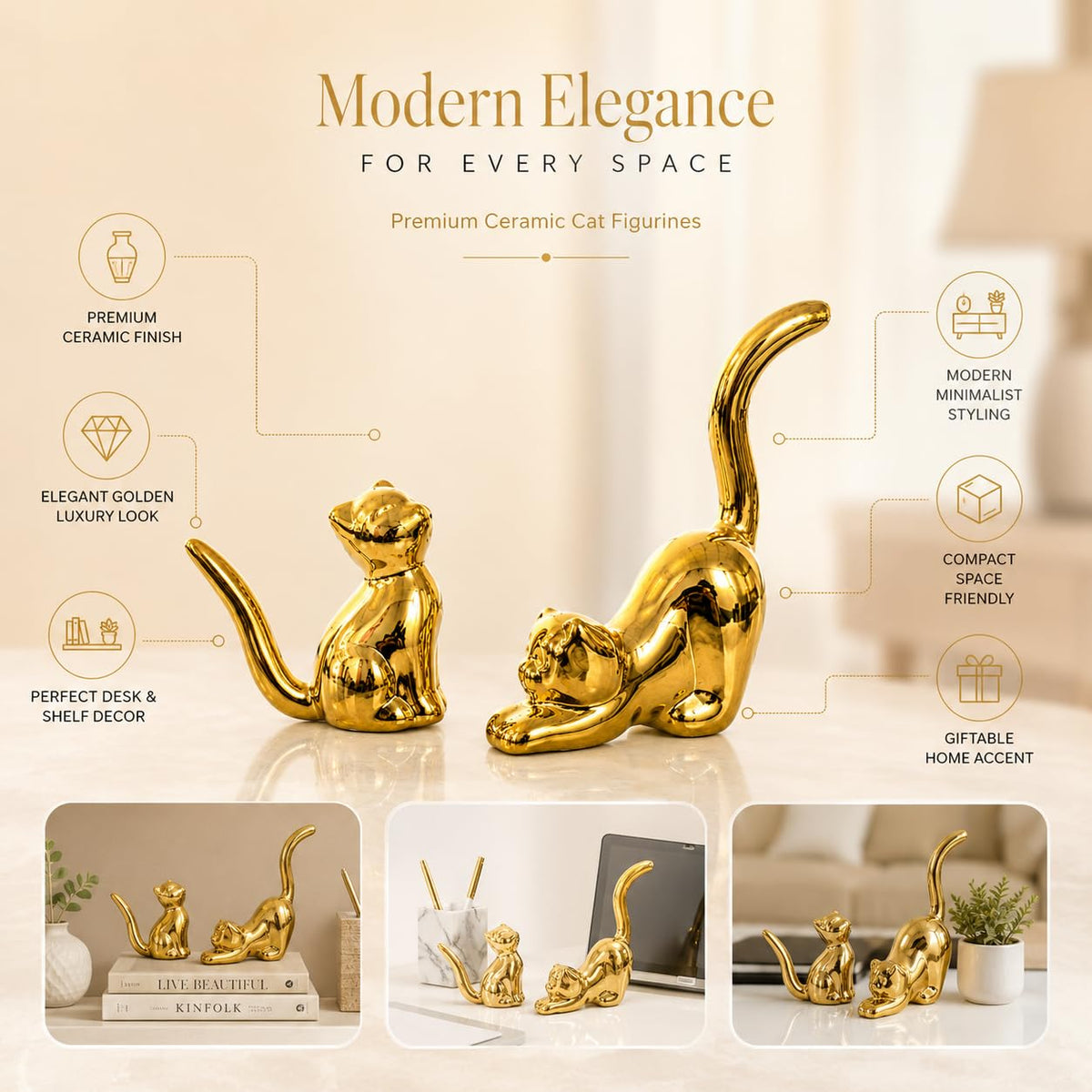 Street27 Home Decor Cat Statues, Modern Style Ceramic Golden Cat Figurine Statues for Home Decor Accents Living Room Office Table Bookshelf Desk Bedroom (2pcs Cute Cat)