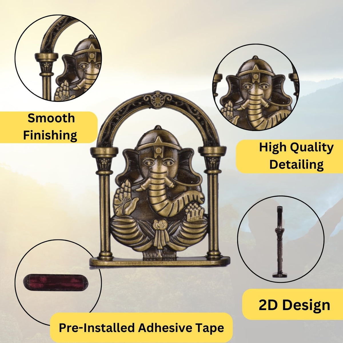 Gajanan Ganesh Ji with Artistic Frame Idol for Car Dashboard – Brass Finish Hindu God Murti Spiritual Ganpati Ji Showpiece for Home & Travel (S976-BRS)