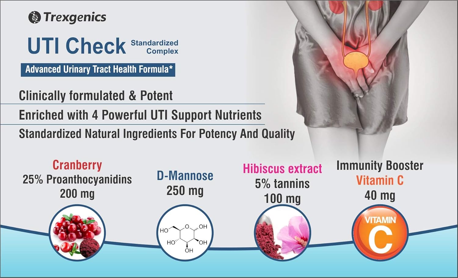 Advertisement for Trexegenics UTI Check supplement with product details and ingredients.