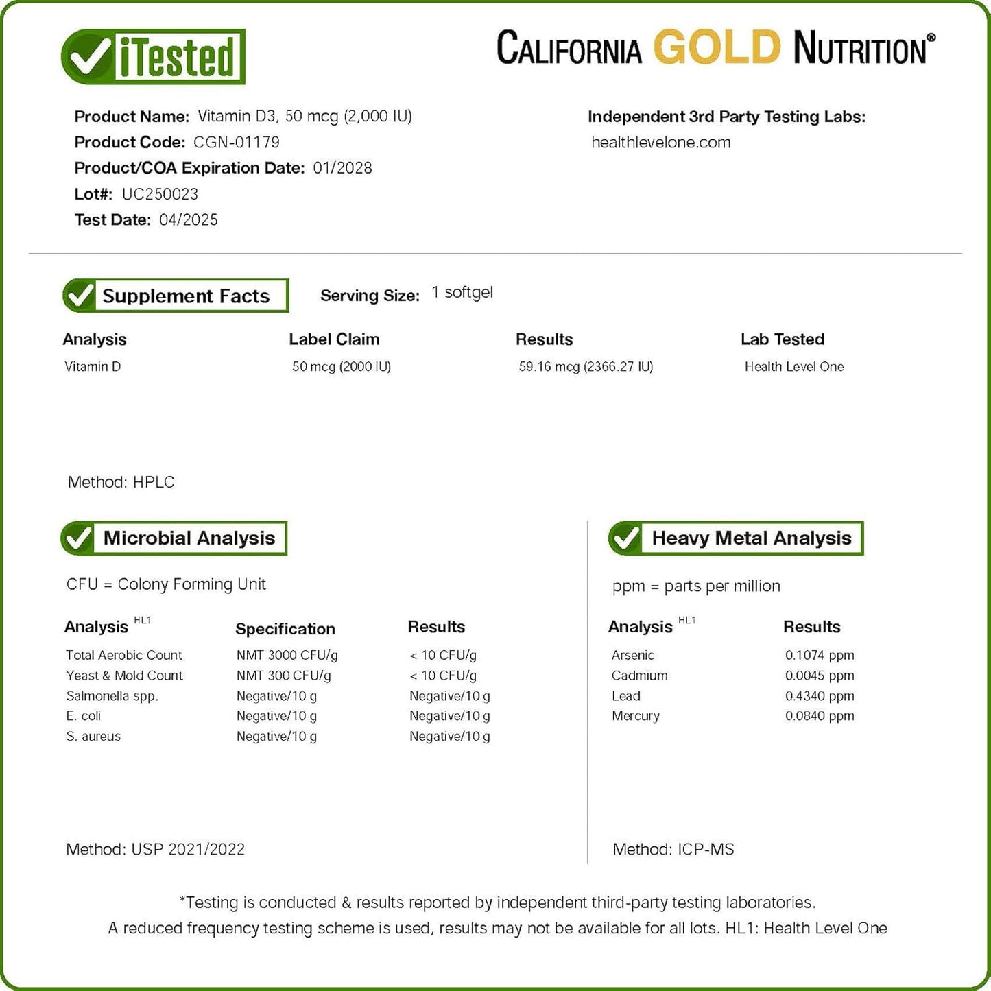California Gold Nutrition supplement label with test results and certification details.