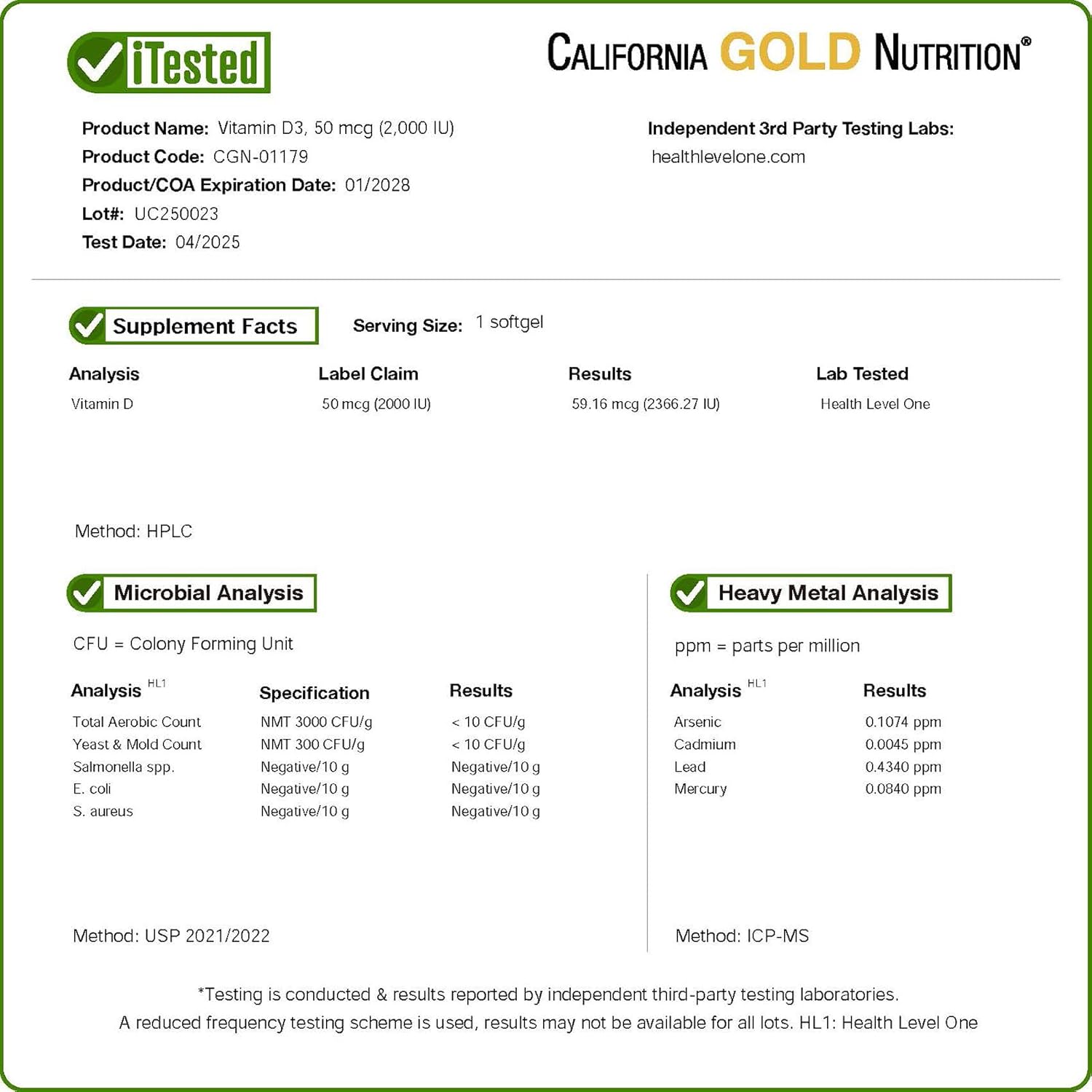 California Gold Nutrition supplement label with test results and certification details.