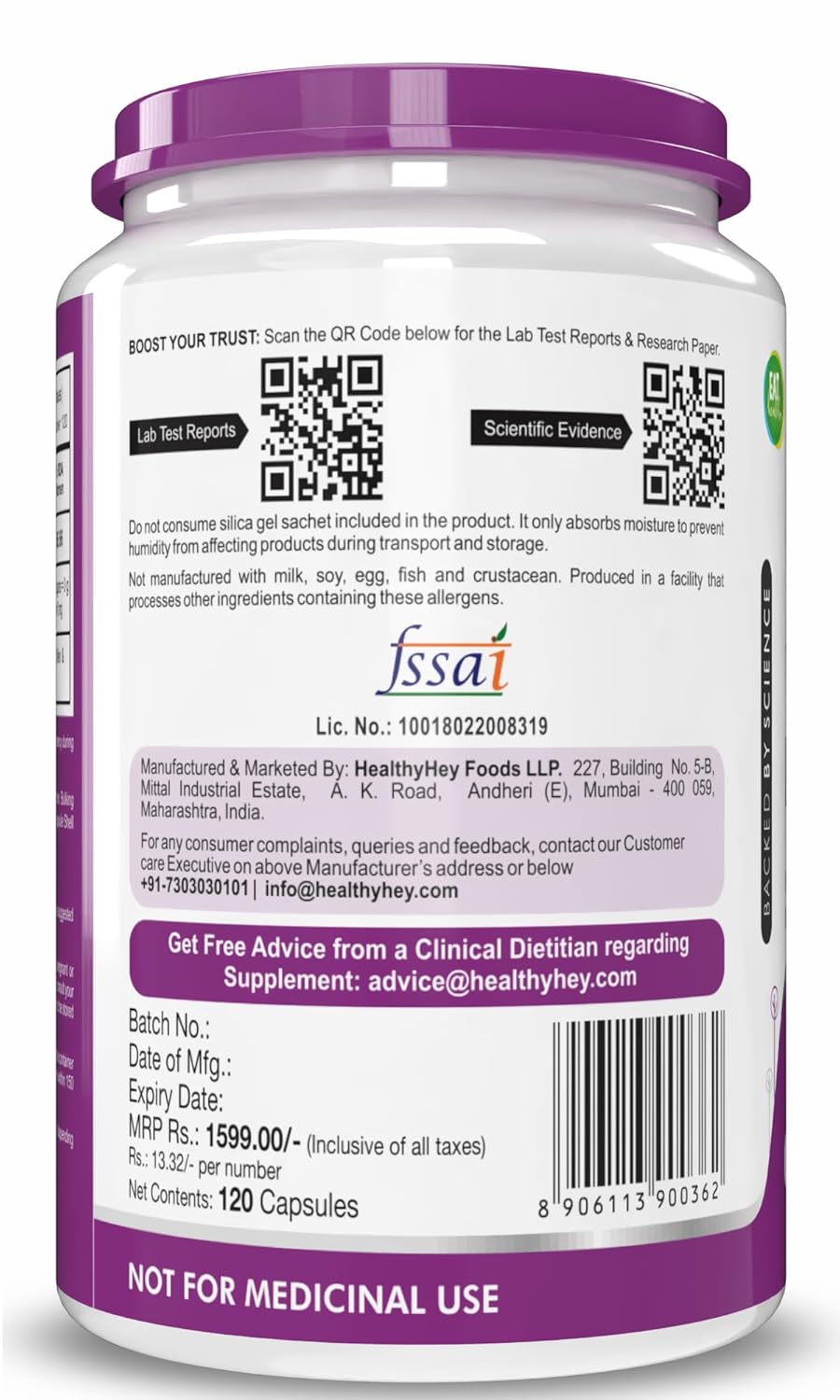 Back label of a supplement container with FSSAI certification and product details.