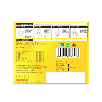 VLCC Gold Facial Kit, Bright & Glowing Skin - 60g | Pamper your Skin for a Luminous Glow | Parlour Glow with 24K Gold Bhasma, Rose Extracts, Turmeric & Aloe Vera.