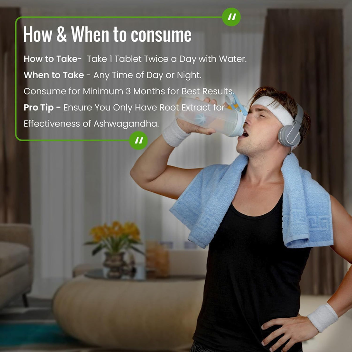 Man exercising with text overlay on how to consume a product