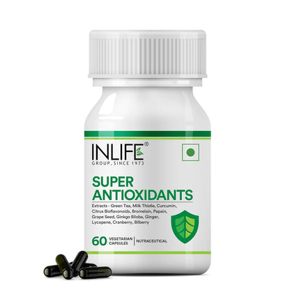 INLIFE Super Antioxidant Supplement Lycopene, Green Tea, Milk Thistle, Curcumin, Grape Seed, Ginkgo Biloba, Ginger, Cranberry, Alpha Lipoic Acid, Lutein, Zeaxanthin - Pack of 60 Vegetarian Capsules