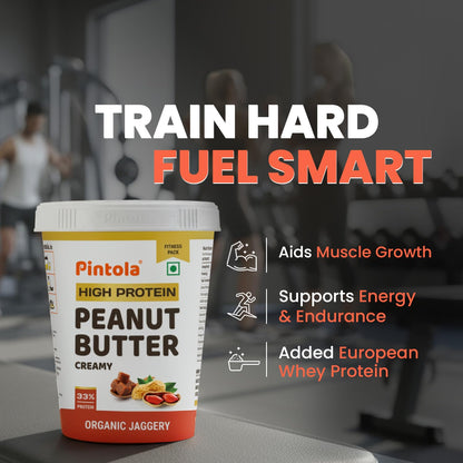 Pintola HIGH Protein ORGANIC JAGGERY Peanut Butter Creamy with 33g Protein & 7g Fiber, Whey Protein Peanut Butter, Gluten Free, Zero Added Salt, Cholesterol Free, 100% Roasted Peanuts
