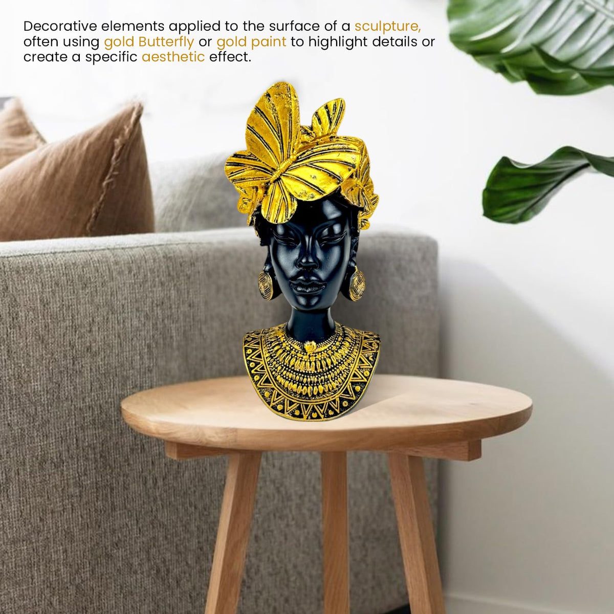 Golden Butterfly Goddess Bust Polyresin Showpiece 26 cm African Queen Figurine Black & Gold Statue for Home Decor Living Room Office Table Gift | Tabletop Decorative Showpiece