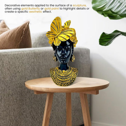 Golden Butterfly Goddess Bust Polyresin Showpiece 26 cm African Queen Figurine Black & Gold Statue for Home Decor Living Room Office Table Gift | Tabletop Decorative Showpiece