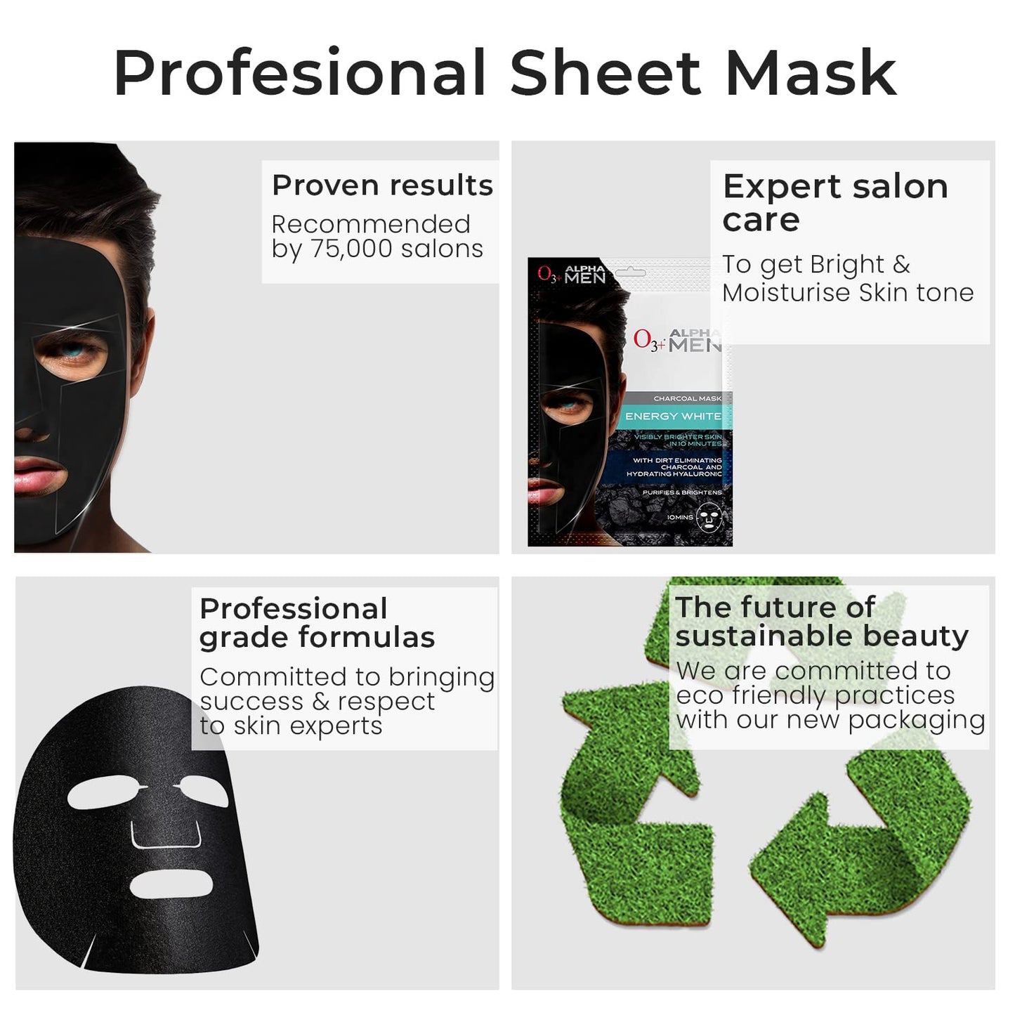 O3+ ALPHA MEN Energy White Charcoal Face Sheet Mask 30g with Charcoal & Hydrating Hyaluronic to Purify & Brighten Skin