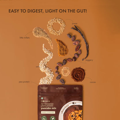 Cosmix pancake mix packaging with ingredients on a brown background