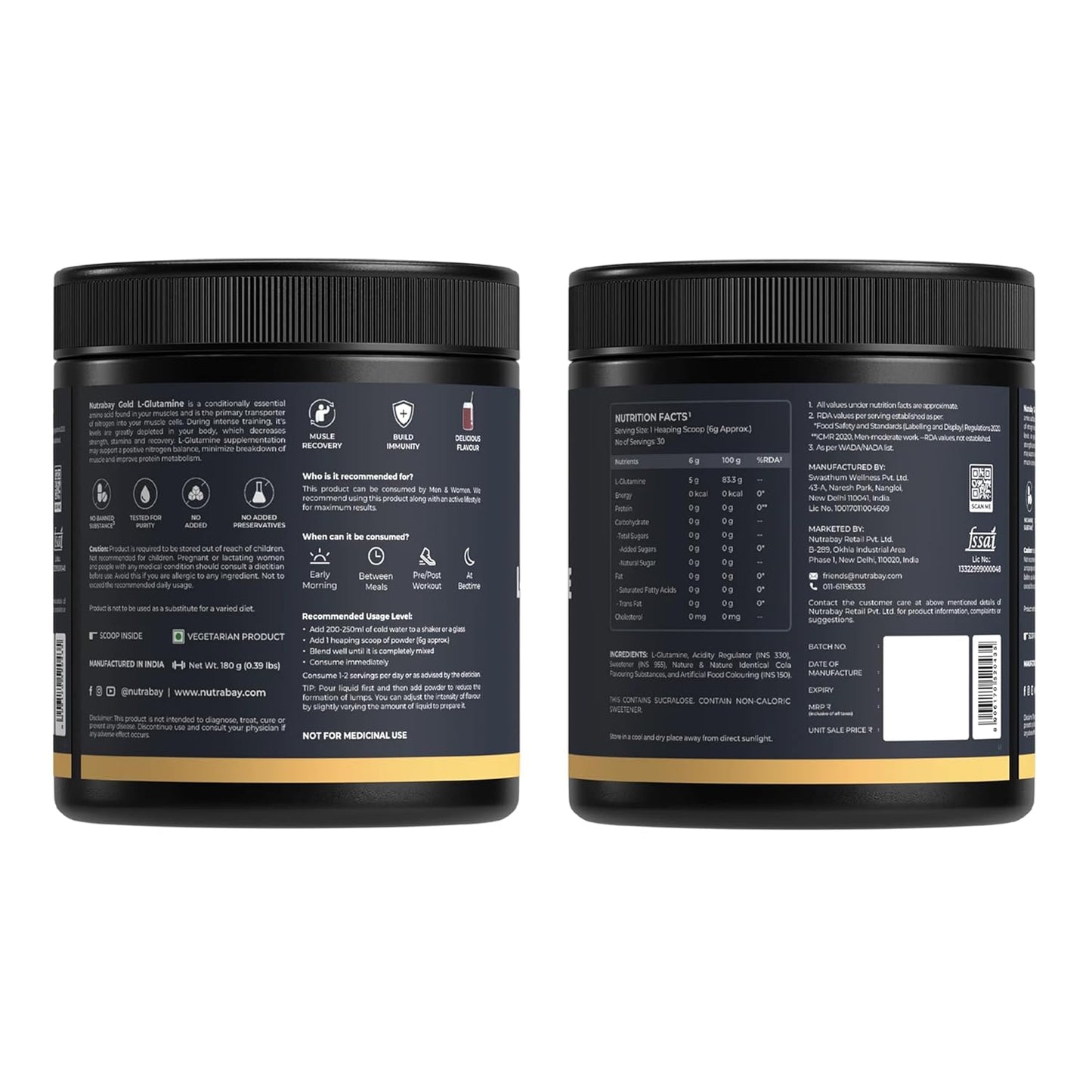 Two black containers with labels on a white background
