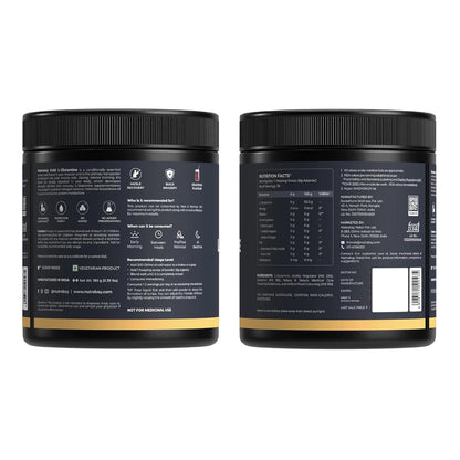 Two black containers with labels on a white background