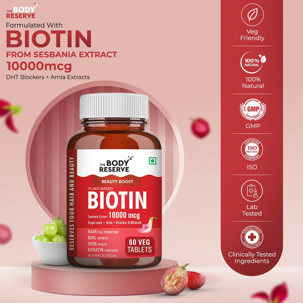 Body Reserve Biotin supplement bottle with red label on a pink background