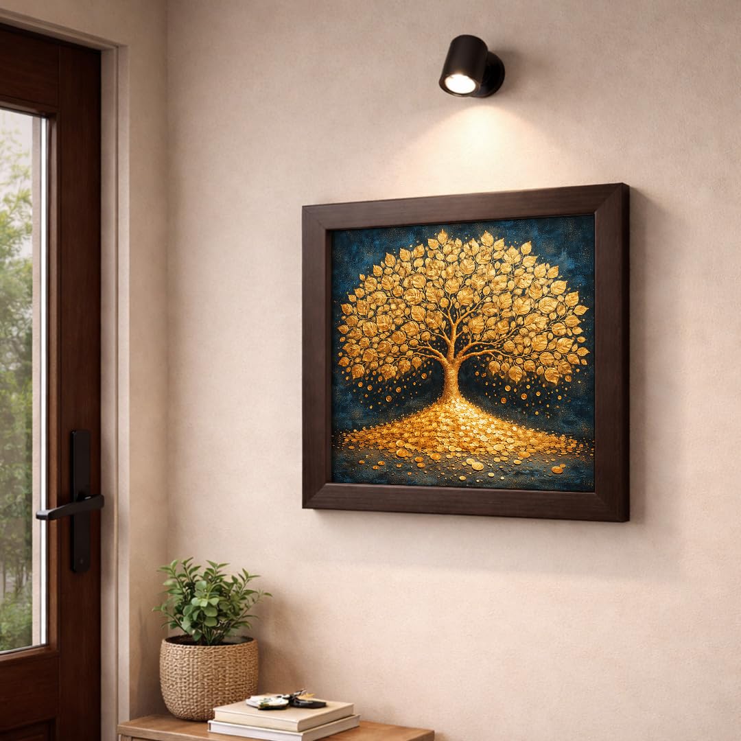 Golden Tree Kalpvriksh Gold Coin Vastu Money Magnet Prosperity Spiritual Wealth White Framed Poster Artwork Decor Painting