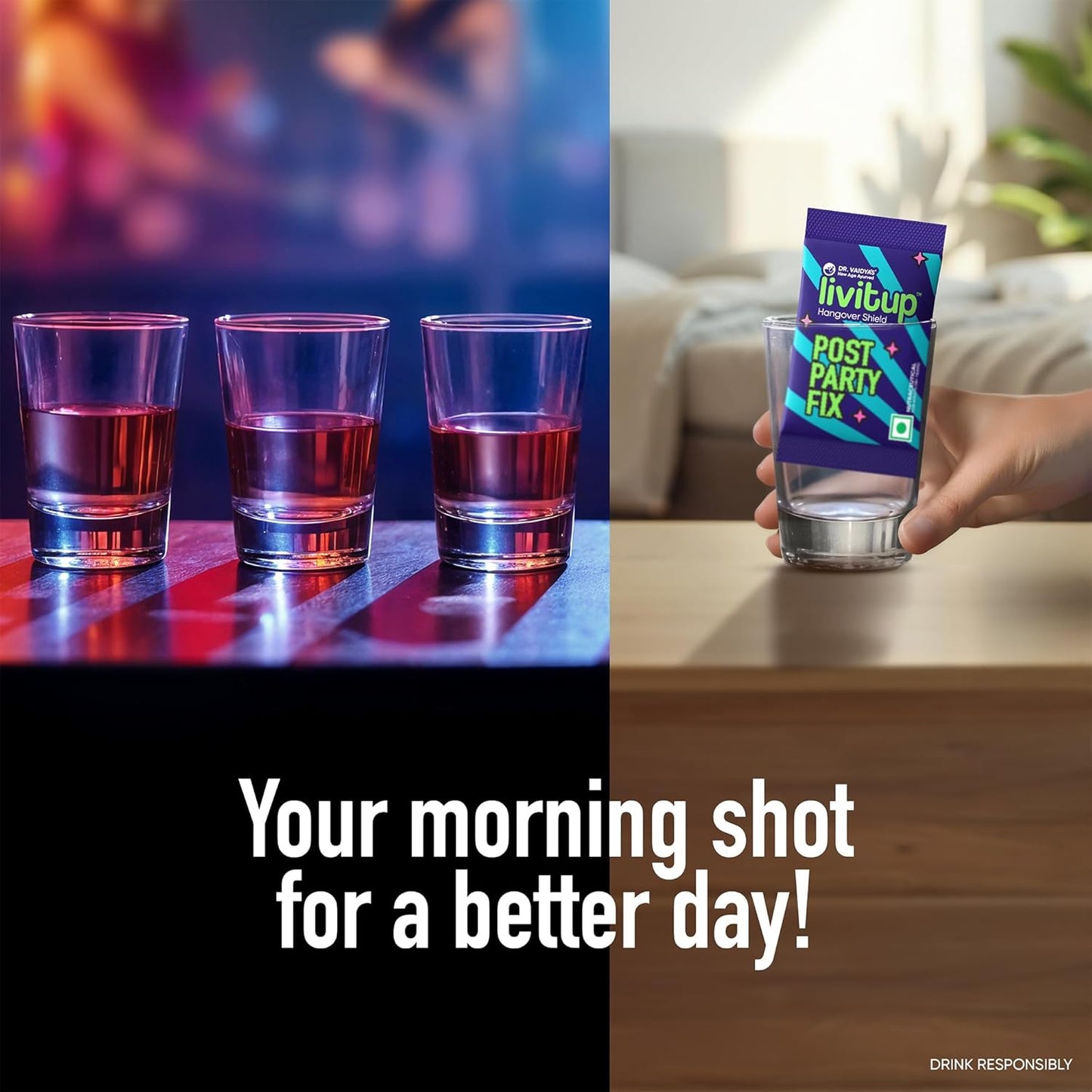 Dr. Vaidya's Livitup Post Party Fix | Hangover Relief & Liver Support | Helps Prevent Headache, Nausea & Acidity | With Sunthi, Ashwagandha & Taurine |15 Sachets (Pack of 1)