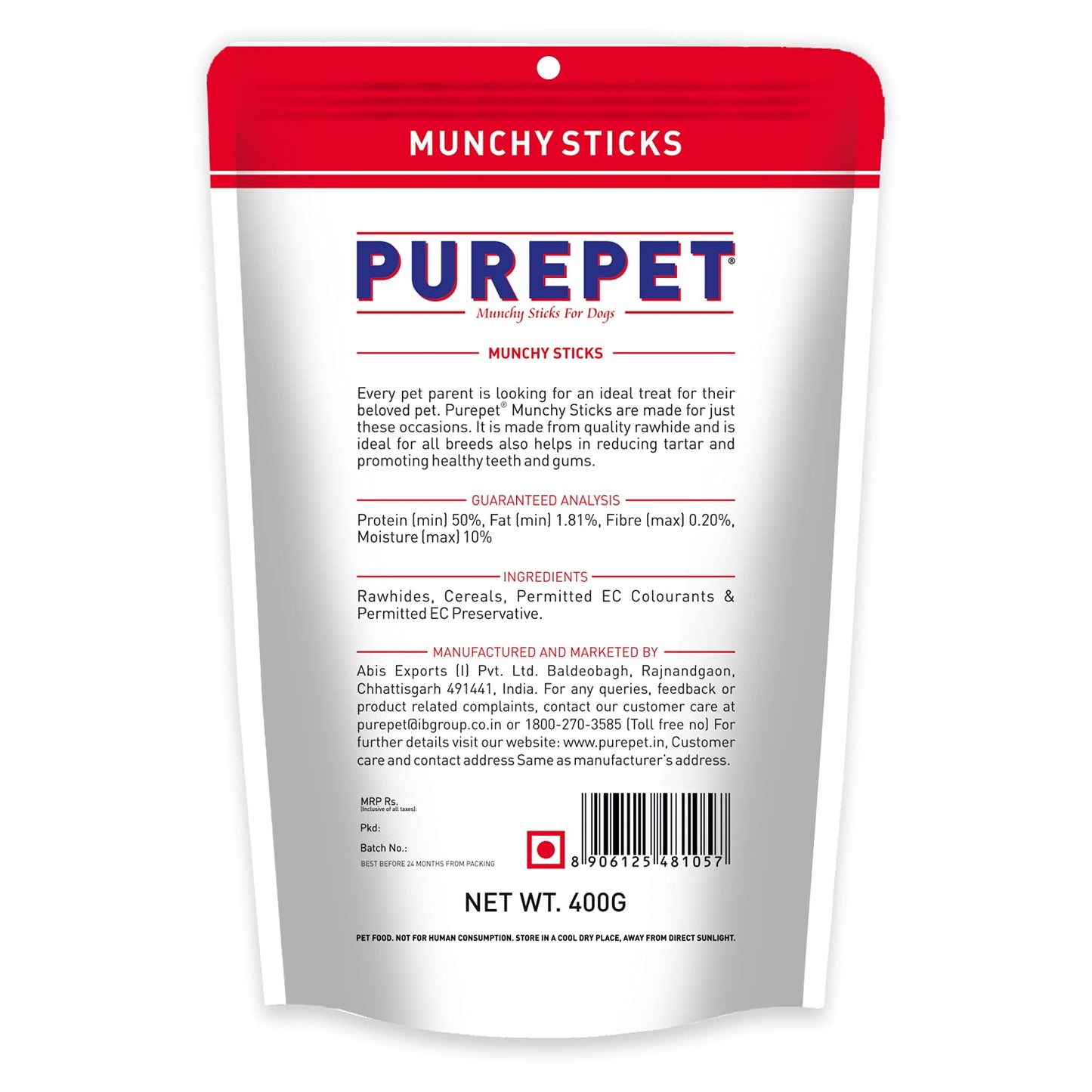 PUREPET Dog Treat Munchy Sticks, Mutton Flavour 400G Pack, All Life Stages