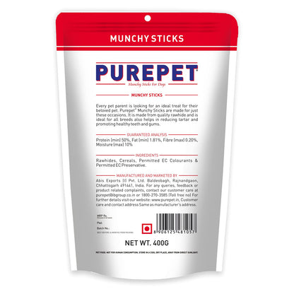 PUREPET Dog Treat Munchy Sticks, Mutton Flavour 400G Pack, All Life Stages