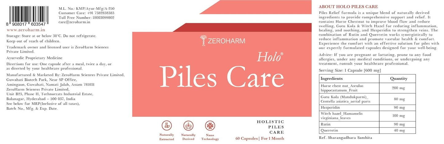 ZEROHARM Holo Piles Care Capsules | Vein Health & Hemorrhoid Relief | Reduces Swelling & Eases Discomfort | 60 Veg Capsules (1 Pack)