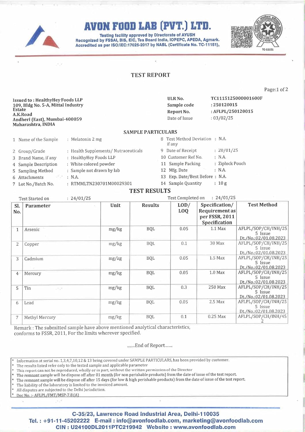 Avon Ford Lab test report with various parameters and results.
