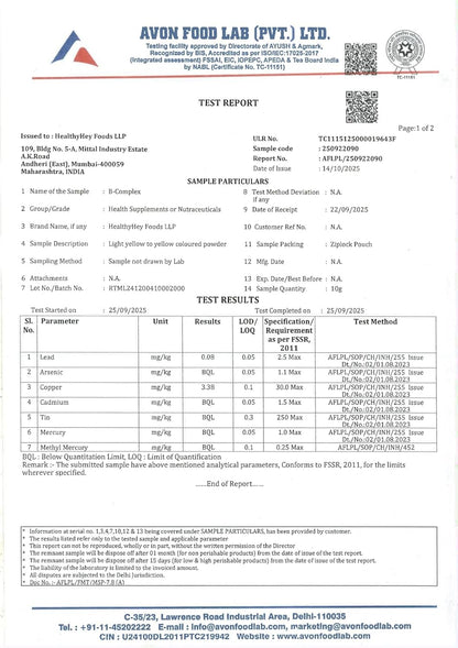 Avon Food Lab test report with various certifications and details.