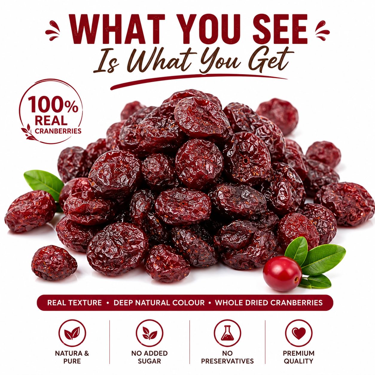 Btonica Unsweetened Cranberries – Non-Sugar Coated Whole Dried Berries | No Added Sugar, No Preservatives