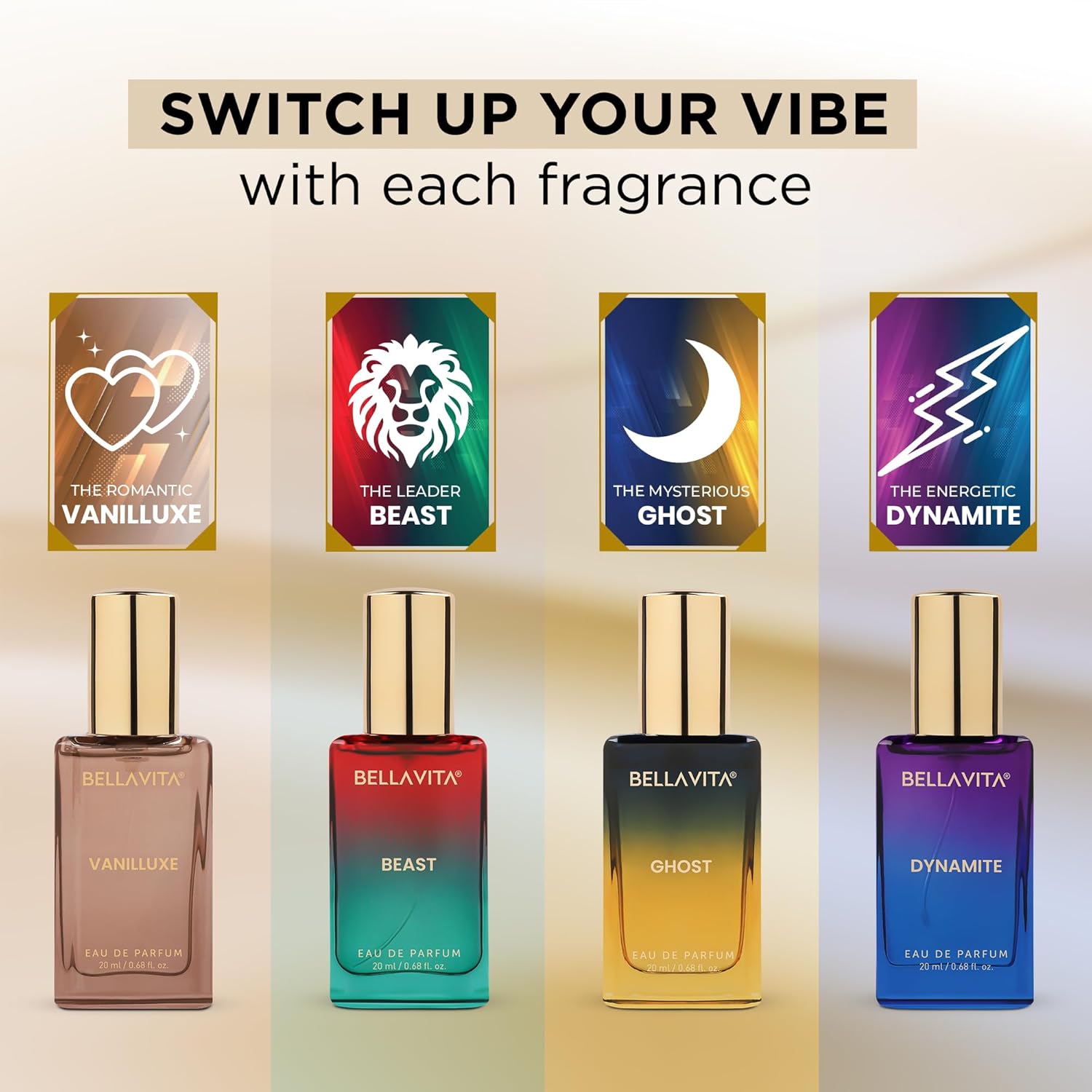 Four Bellavita perfume bottles with colorful labels and a promotional text above them.
