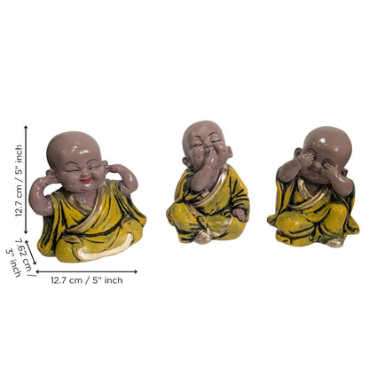 eCraftIndia Resin Yellow Think No Evil Speak No Evil Hear No Evil Set of 3 Cute Little Monk Buddha Statues Decorative Showpieces for Car Dashboard Home Office Desk Decor Gift Purpose