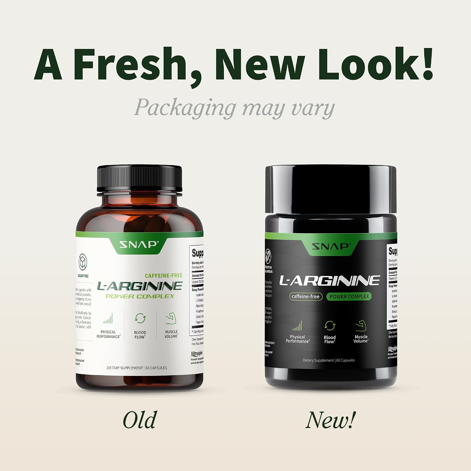 Two supplement bottles labeled 'L-Arginine' with text indicating a fresh new look and varying packaging.