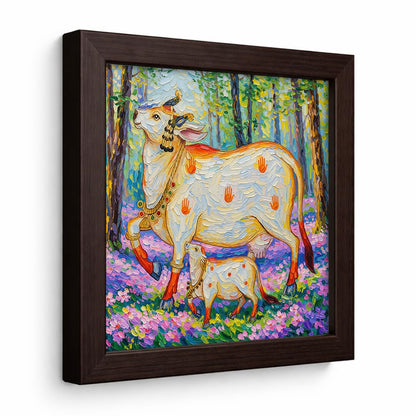 Kamdhenu Divine Vastu Sacred Cow Calf Hindu Spiritual Religious Pooja Mandir Traditional Indian Floral Theme Framed Poster Artwork Decor Painting