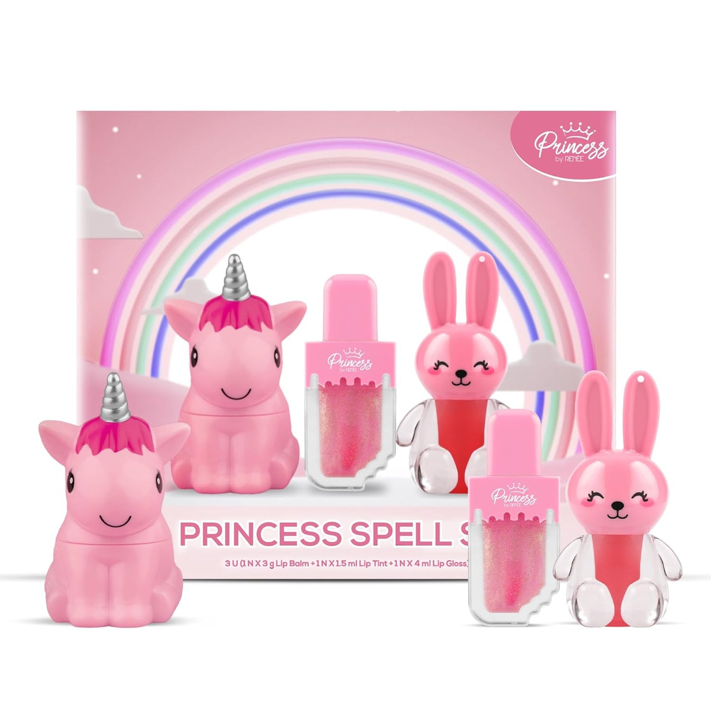 Princess by RENEE Princess Spell Set, Safe & Skin-friendly Lip Care Combo For Preteens | Includes Snowball Lip Balm, Sugar Sparkles Colour Changing Lip Gloss, Bunny Lip Tint