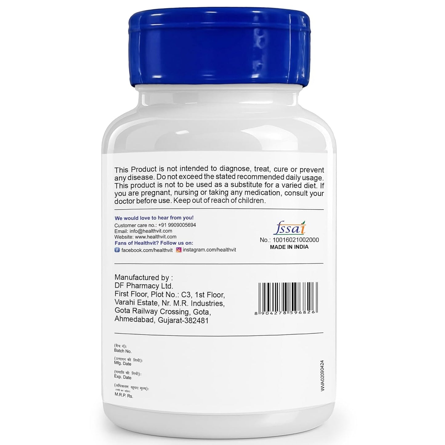 Back label of a supplement bottle with text and FSSAI logo on a white background
