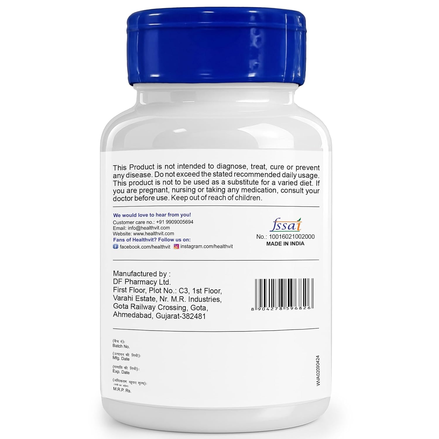 Back label of a supplement bottle with text and FSSAI logo on a white background