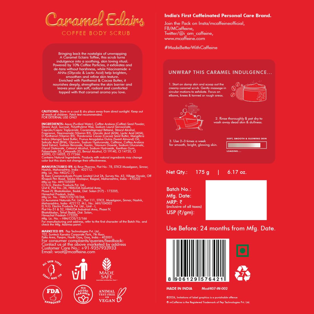 Back of a Caramel Eclairs coffee body scrub packaging with text and branding.