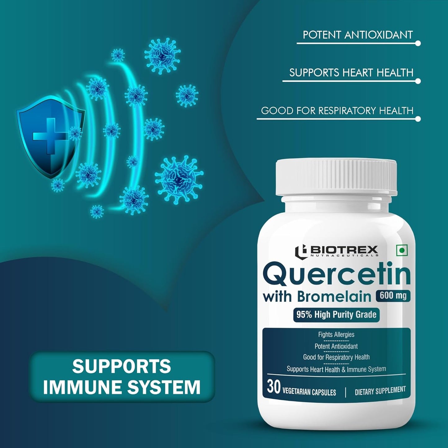 Biotrex Nutraceuticals Quercetin with Bromelain 600mg Better Respiratory Health | Antioxidant | Fights Allergies | Immunity & Cardiovascular Health - 30 Veg Capsules