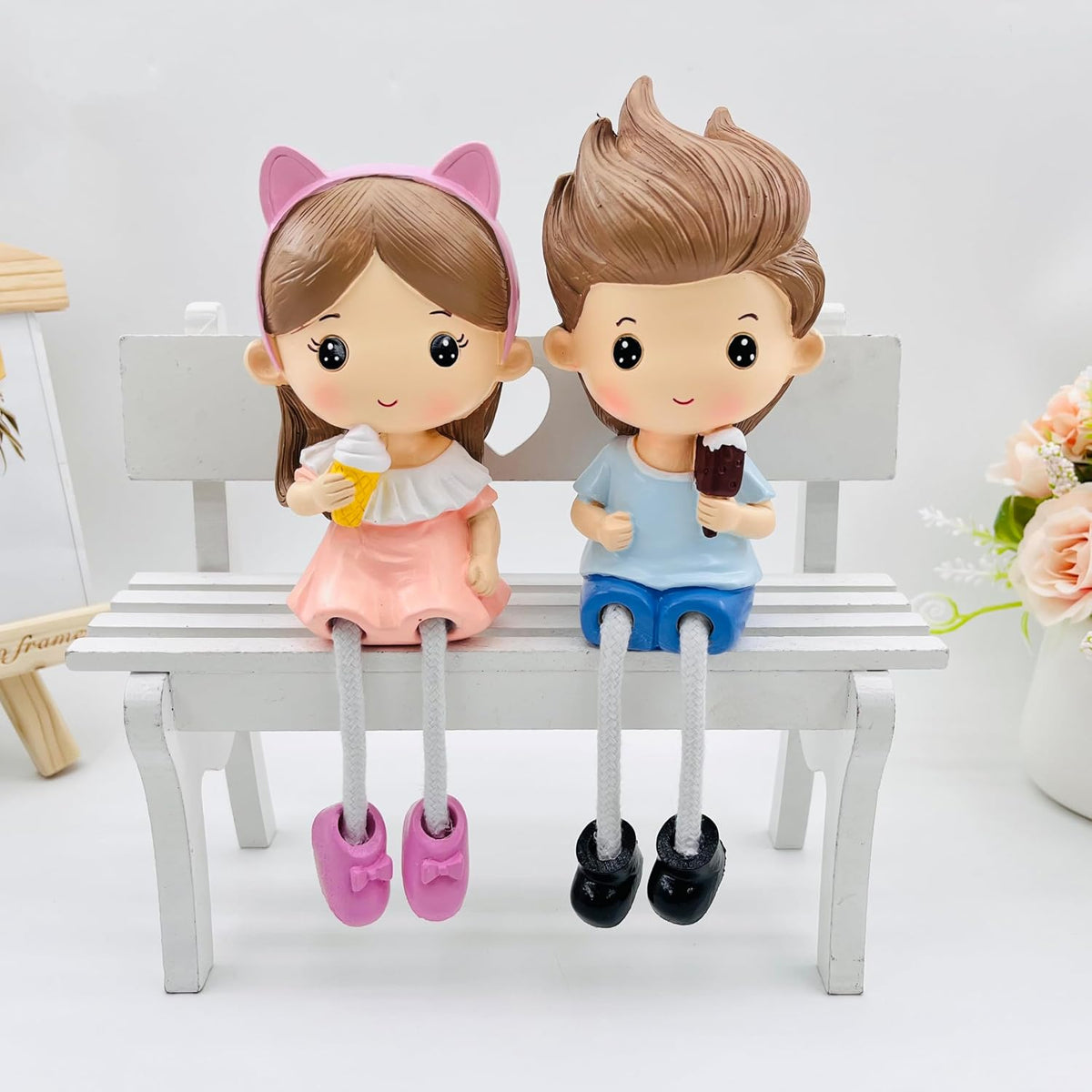 Love Couple Gift Set | Surprise for him/her or Someone Special | Cute Miniature Figurines Holding Objects Hanging Legs Decorative Showpiece