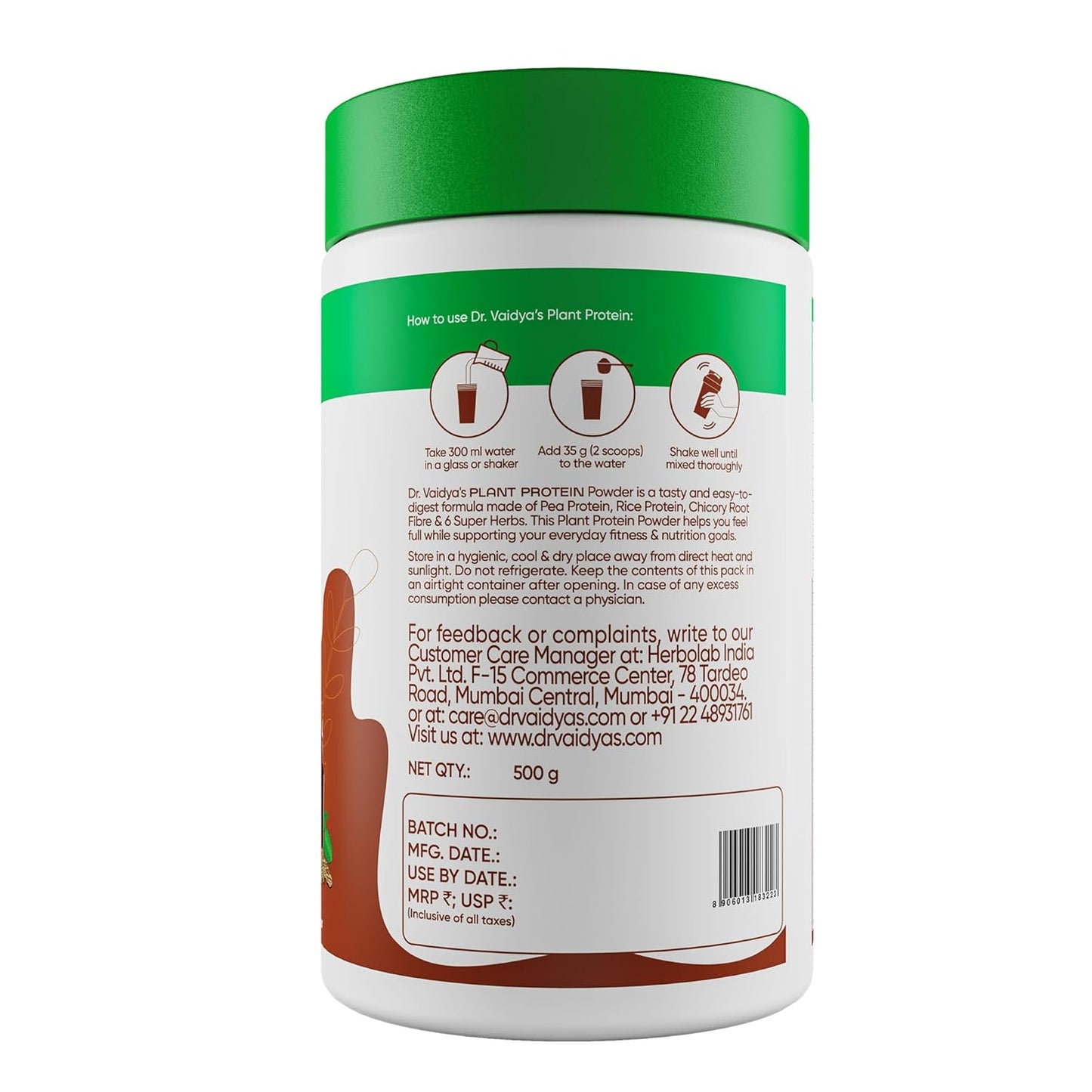 Dr. Vaidya’s Plant Protein Powder | Ayurvedic Pea Protein with Ashwagandha, Methi & Ajwain | 25g Protein per Serving | Muscle Gain, Energy & Weight Loss | 500g Chocolate Flavour