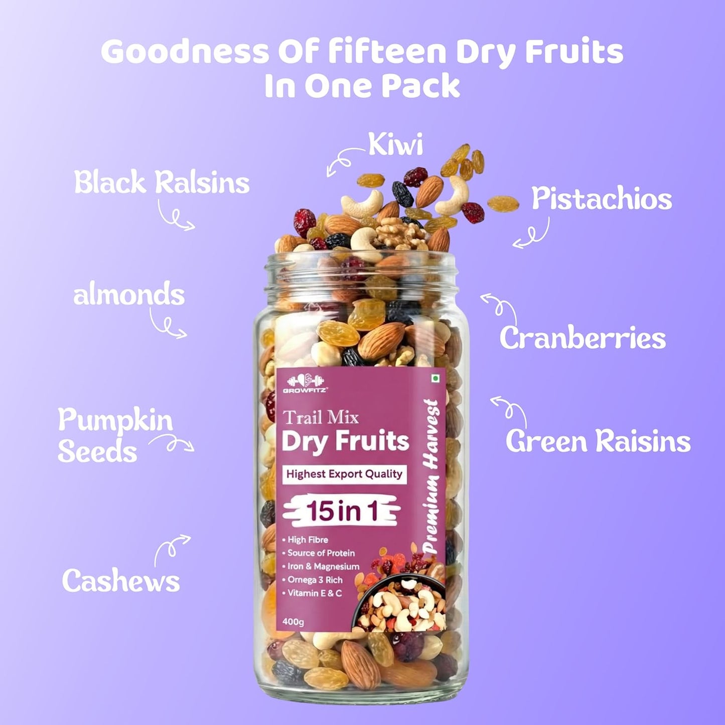 Growfitz Premium 15-in-1 Trial Mix 400g | Healthy Mixed Dry Fruits, Nuts & Seeds | Cashews, Almonds, Pistachio, Cranberries, Raisins, Pumpkin, Sunflower | High Protein Snack | Reusable Jar, Pack of 1
