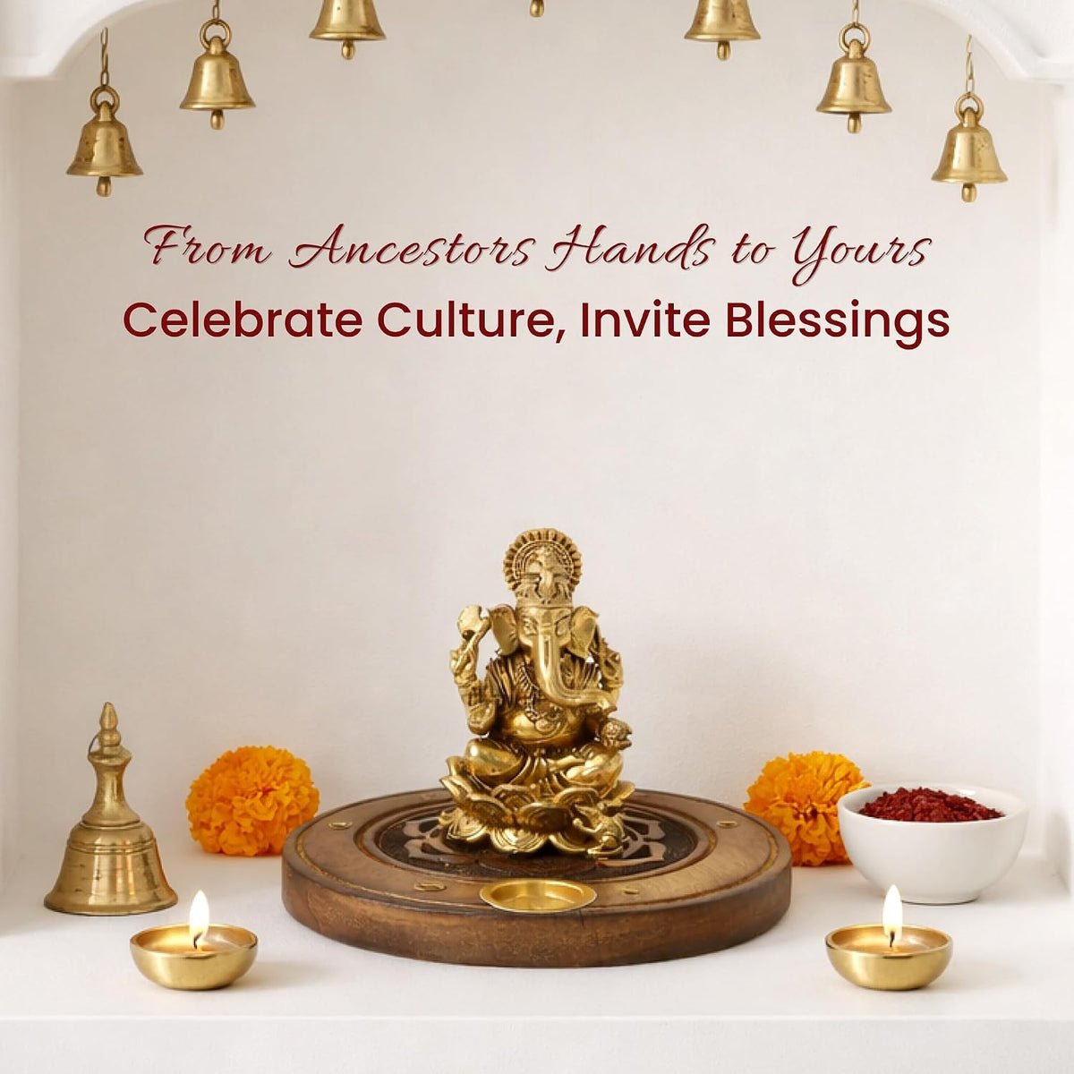 Brass Ganesha Idol on Wooden Base for Home Temple & Desk | Lord Ganesh Murti | Ganpati Idol for Spiritual Home Decor (Design01: L10 x W10 x H6 cm)