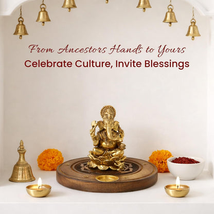 Brass Ganesha Idol on Wooden Base for Home Temple & Desk | Lord Ganesh Murti | Ganpati Idol for Spiritual Home Decor (Design01: L10 x W10 x H6 cm)