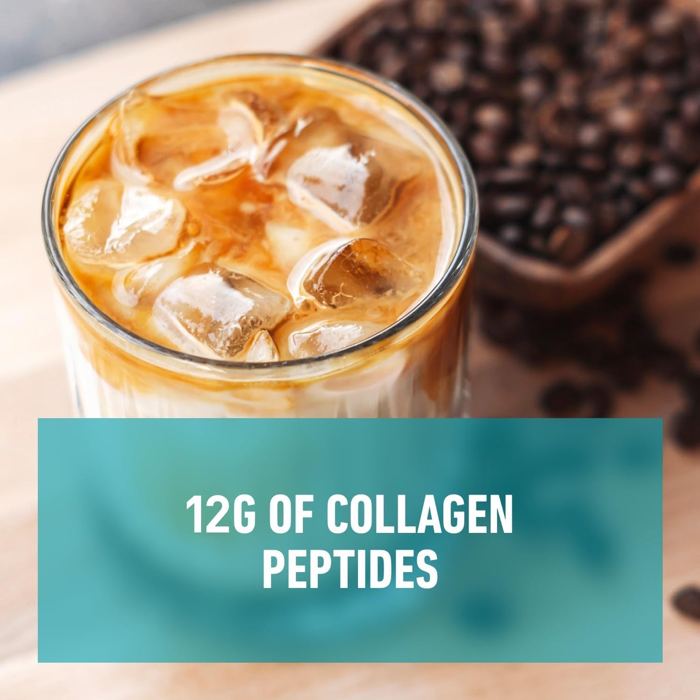 Glass of iced coffee with collagen peptides, coffee beans in the background
