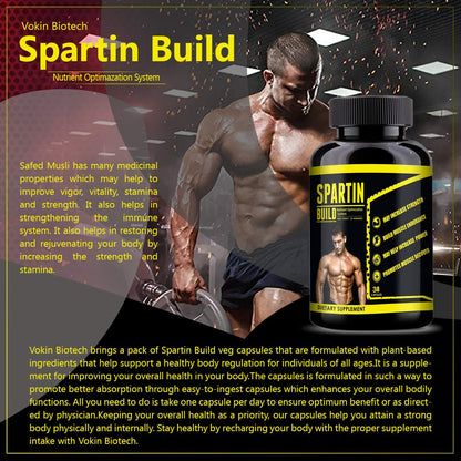 Advertisement for Vokin Biotech Spartin Build supplement with a muscular man and product packaging.
