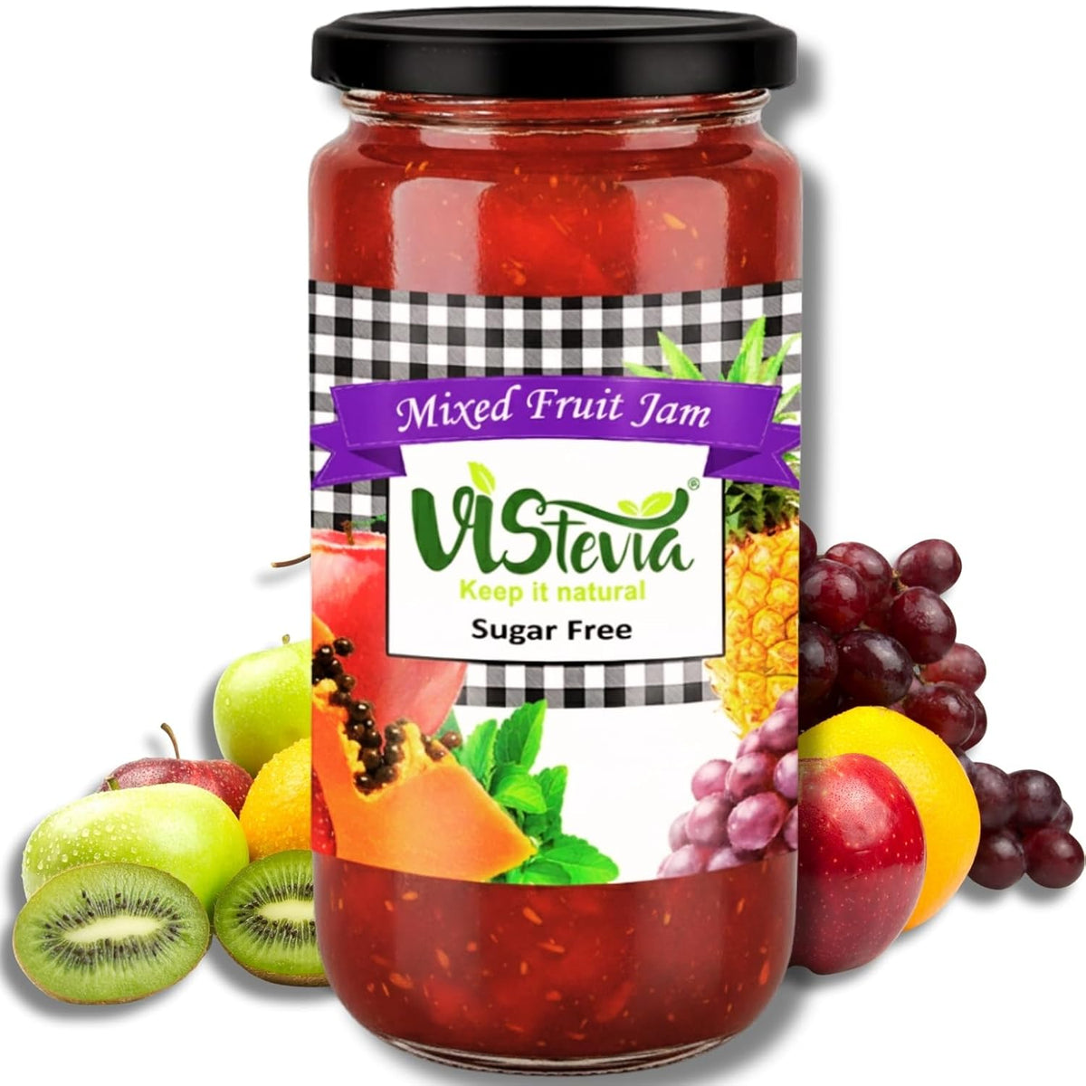 VIStevia Sugar Free Mixed Fruit Jam (220g) | Diabetic & Keto Friendly | Sweetened with Stevia and Erythritol | 100% natural | More than 60% whole fruit | Tastes delicious