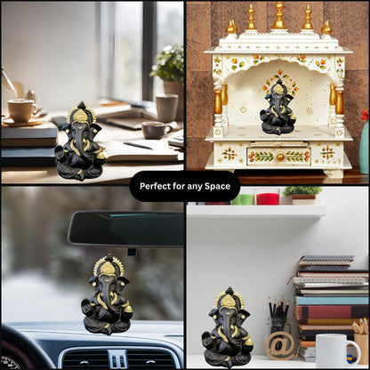 Gold Art India Terracotta Black Ganesh Idol for Car Dashboard Small Ganesha Murti Ganpati Idol for Home Decor Puja Lord Ganesh Statue Gift for Office Desk Puja Room Figurine 3.5 X 2 Inches, Idol