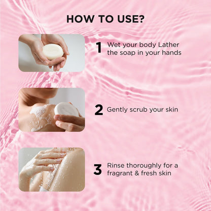 Instructions on how to use soap with visual steps on a pink background