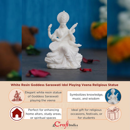 White Resin Goddess Saraswati Idol Playing Veena|Saraswati Murti for Home Temple Pooja Room Study Table School Library|Saraswati Statue Hindu Goddess of Knowledge Music Art Wisdom Learning