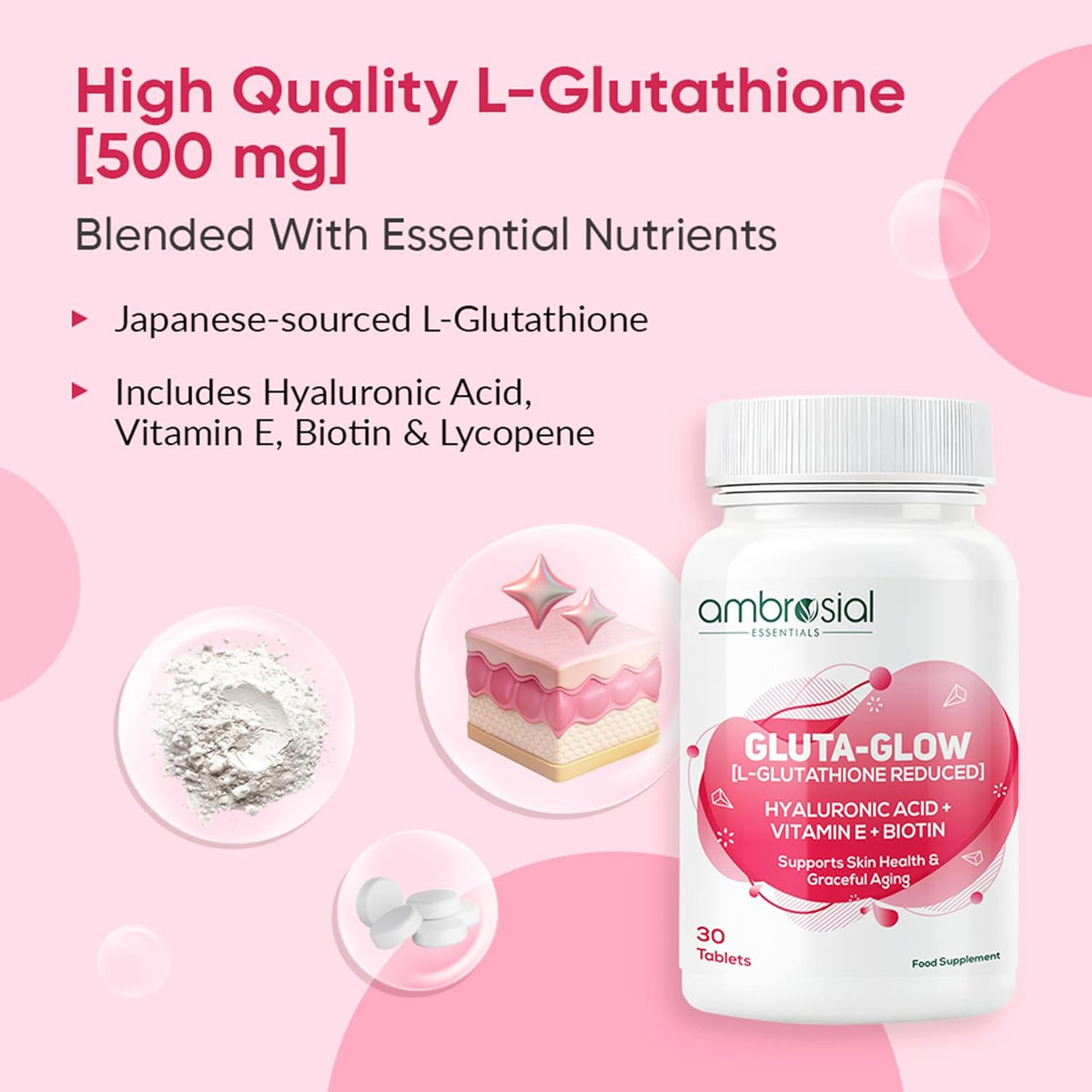 Ambrosial Gluta-Glow supplement bottle with product details on a pink background